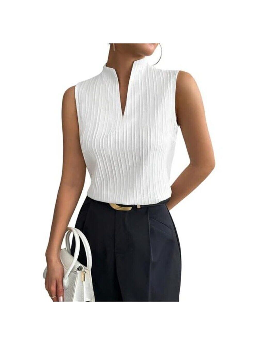 Women's Deep V Neck Sleeveless Work White Tops Ta Tops Blouses Business Casual